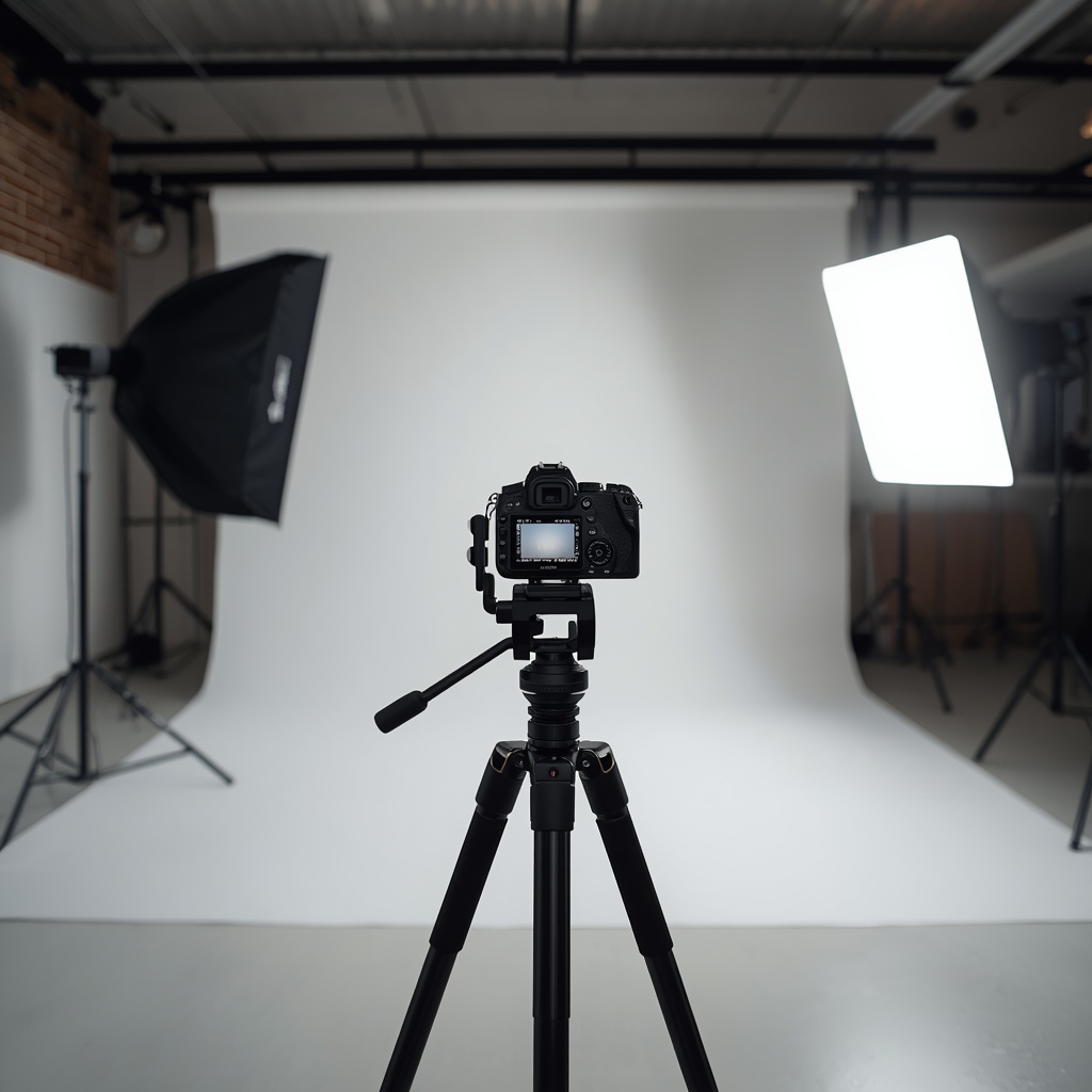 Professional camera on tripod in a modern photography studio with softbox lighting