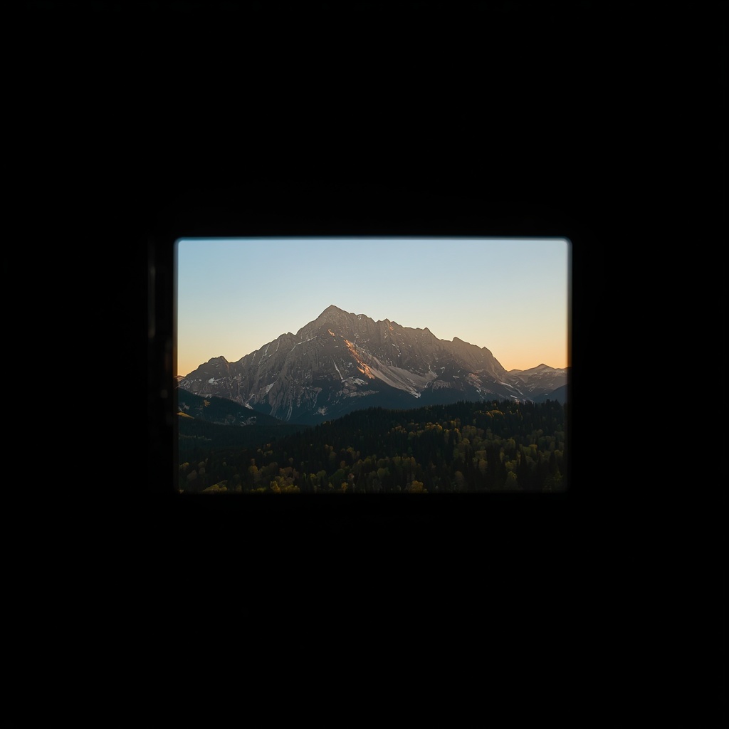 Mountain landscape captured through camera viewfinder with golden hour lighting